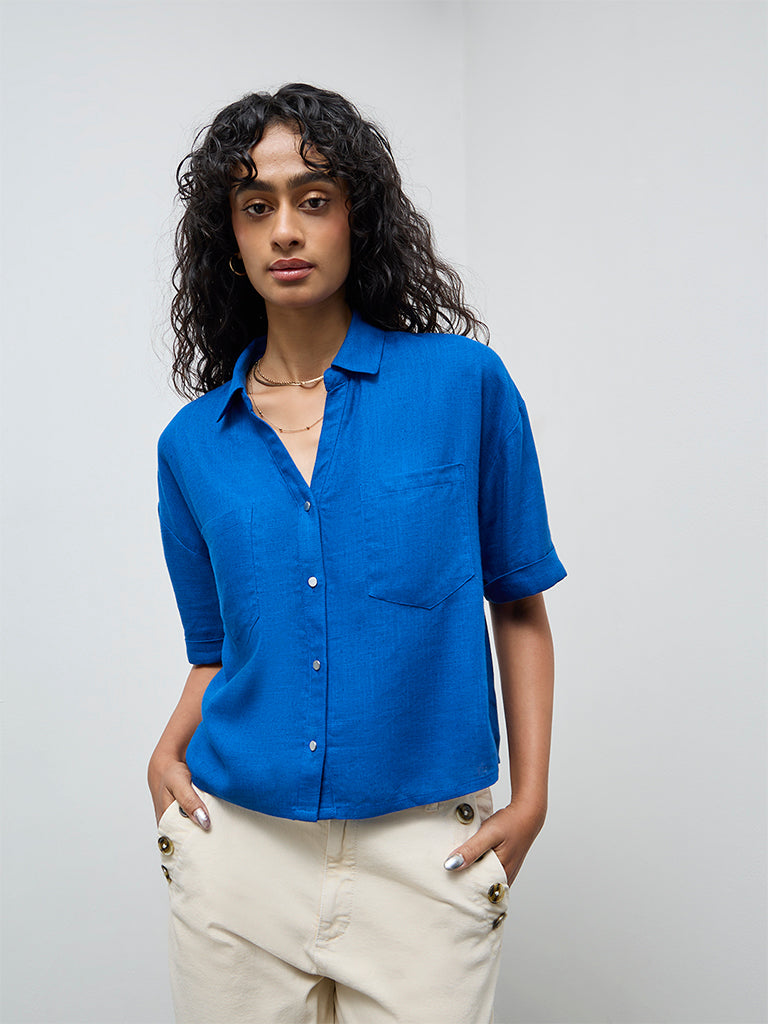 LOV Blue Solid Cotton-Blend Shirt