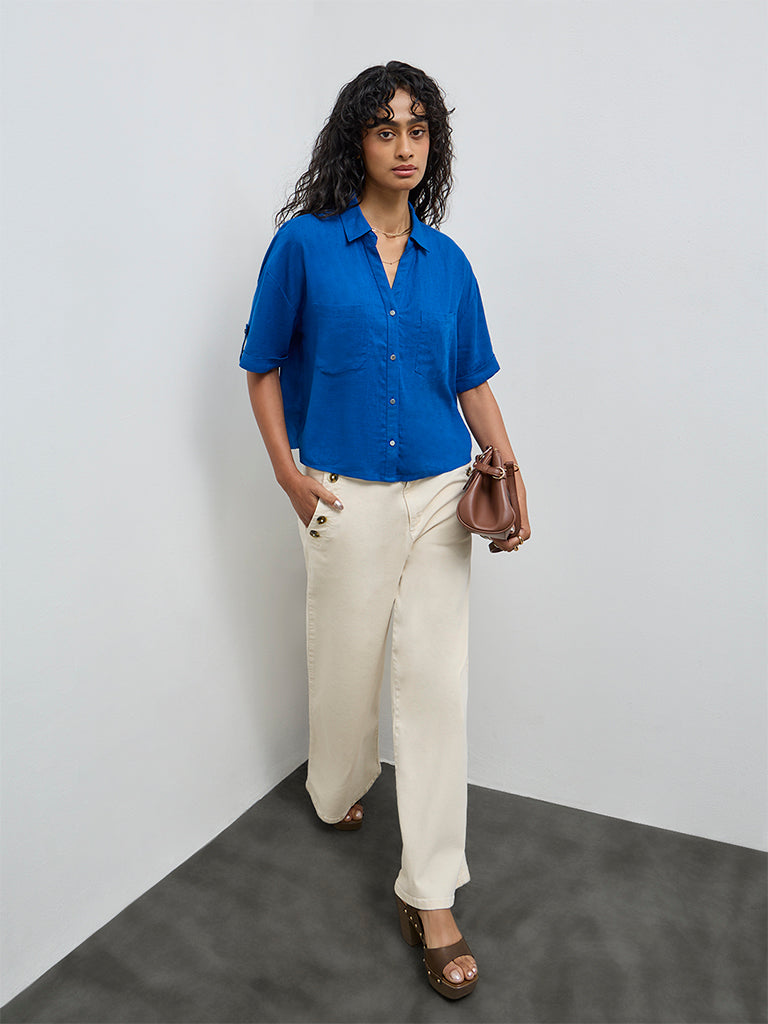 LOV Blue Solid Cotton-Blend Shirt