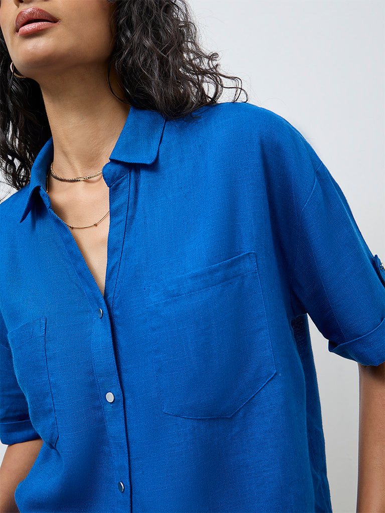 LOV Blue Solid Cotton-Blend Shirt