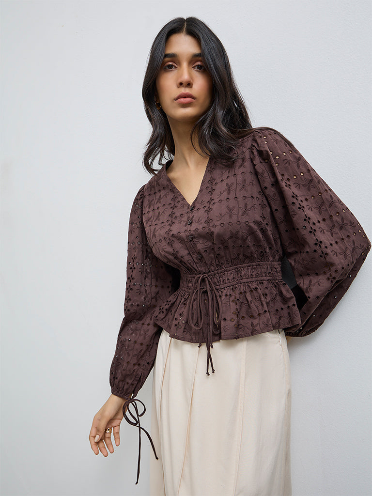 LOV Dark Brown Schiffli Embroidered Cotton Peplum Top
