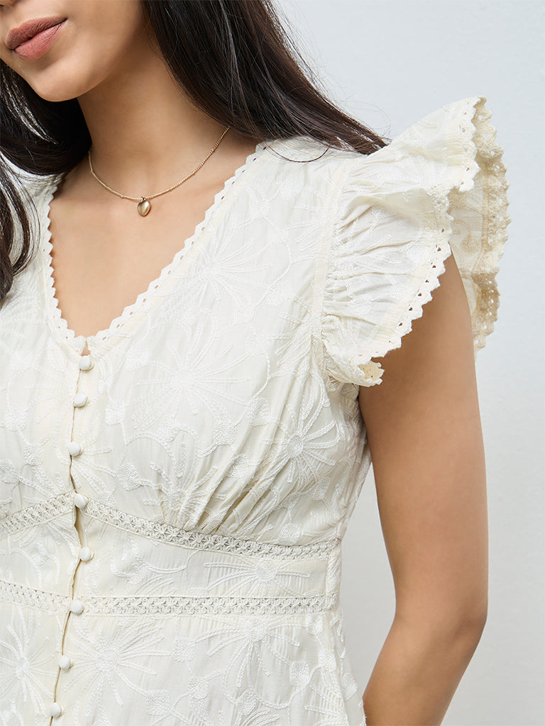 LOV Off-White Floral Embroidered Cotton  A-Line Dress