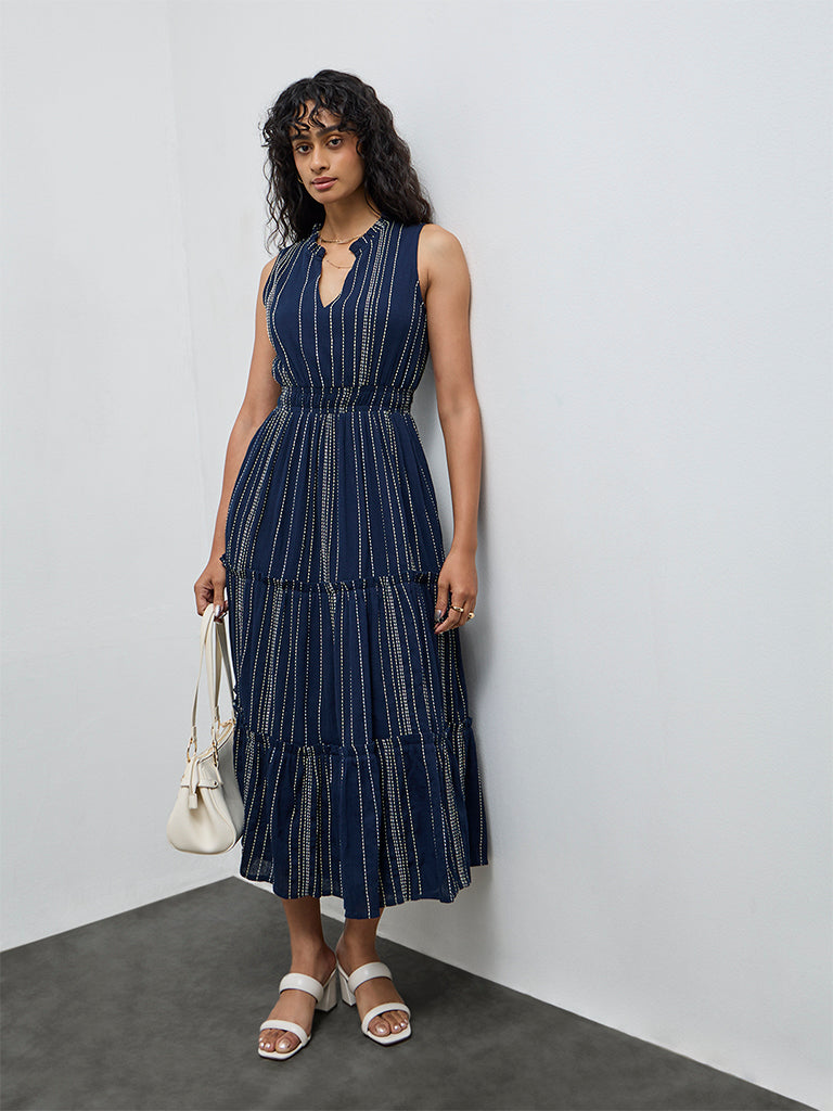 LOV Navy Striped Embroidered Cotton Tiered Dress