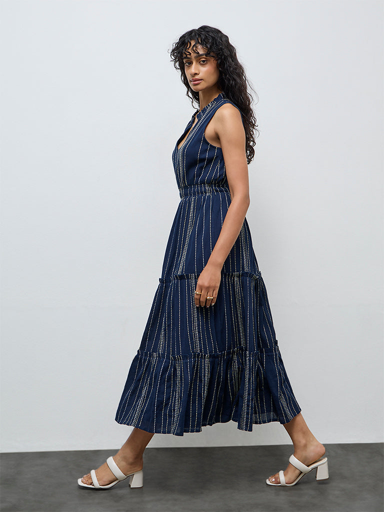 LOV Navy Striped Embroidered Cotton Tiered Dress