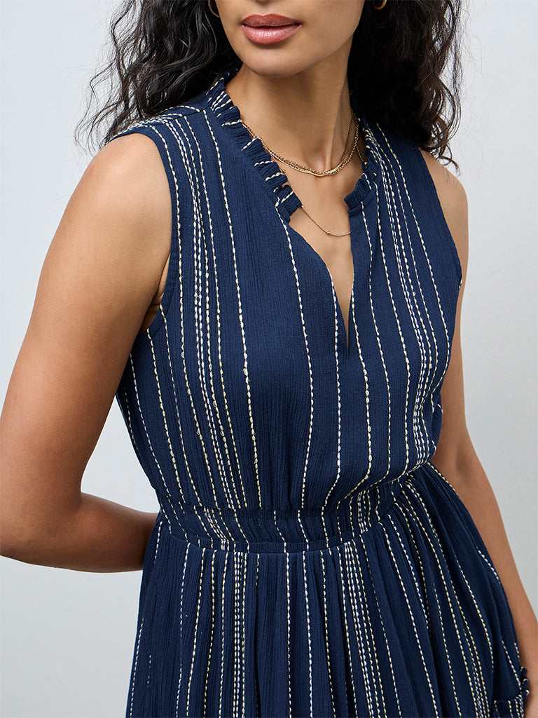 LOV Navy Striped Embroidered Cotton Tiered Dress