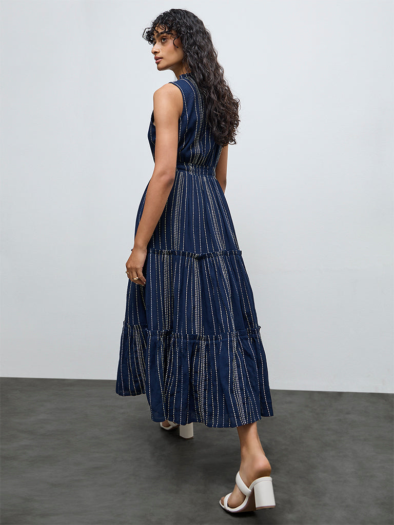 LOV Navy Striped Embroidered Cotton Tiered Dress