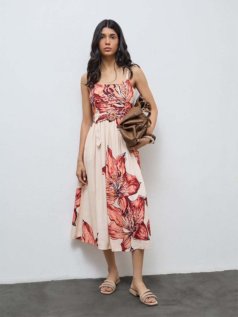 LOV Cream Foliage Printed A-Line Dress with Belt