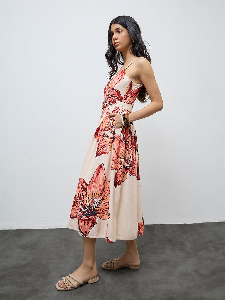 LOV Cream Foliage Printed A-Line Dress with Belt