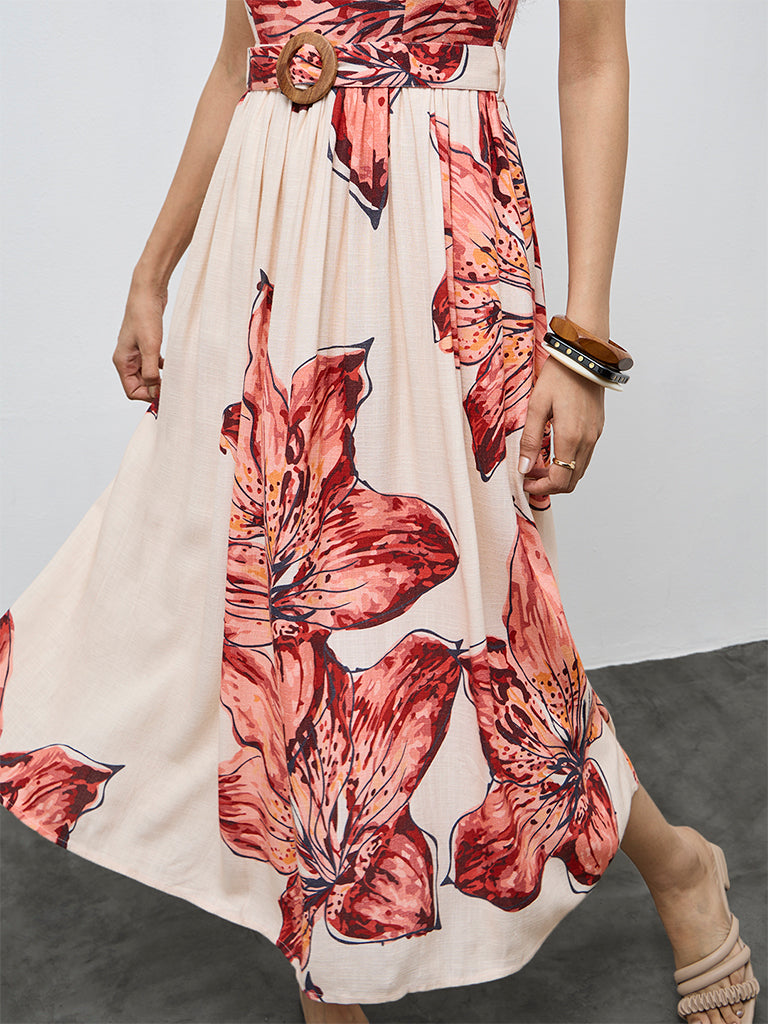 LOV Cream Foliage Printed A-Line Dress with Belt
