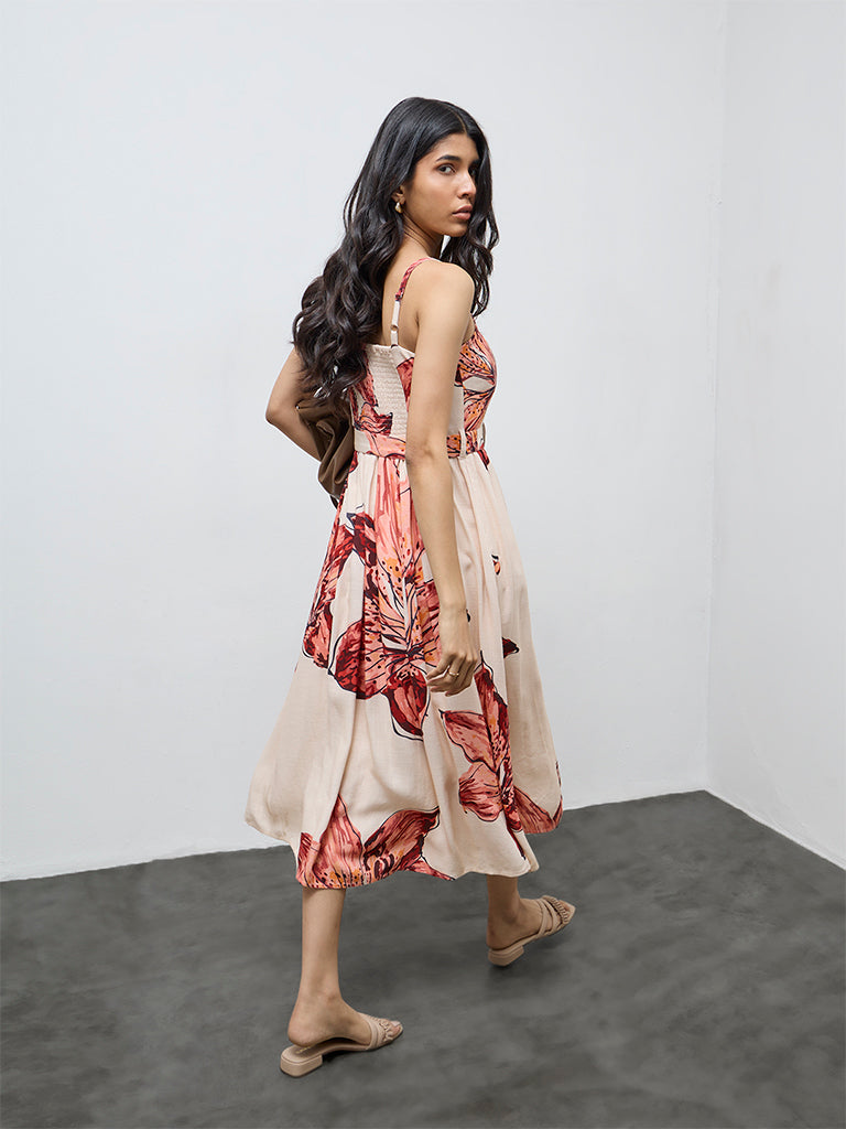 LOV Cream Foliage Printed A-Line Dress with Belt
