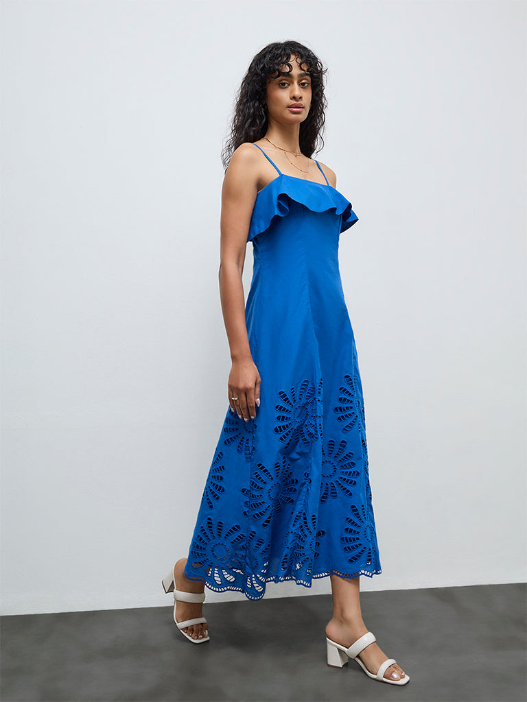 LOV Blue Floral Embroidered A-Line Cotton Dress