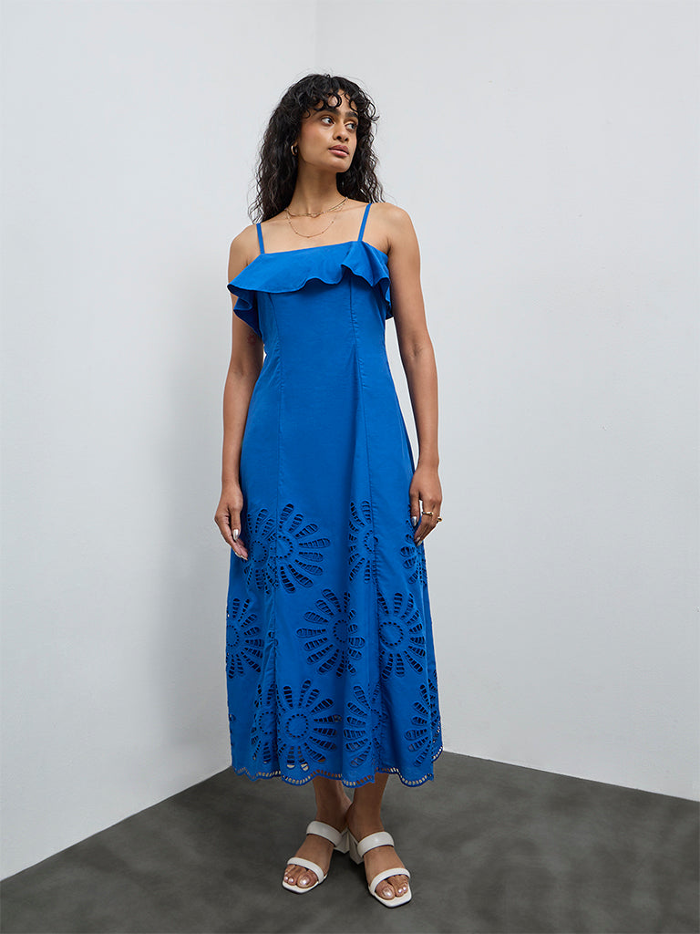 LOV Blue Floral Embroidered A-Line Cotton Dress