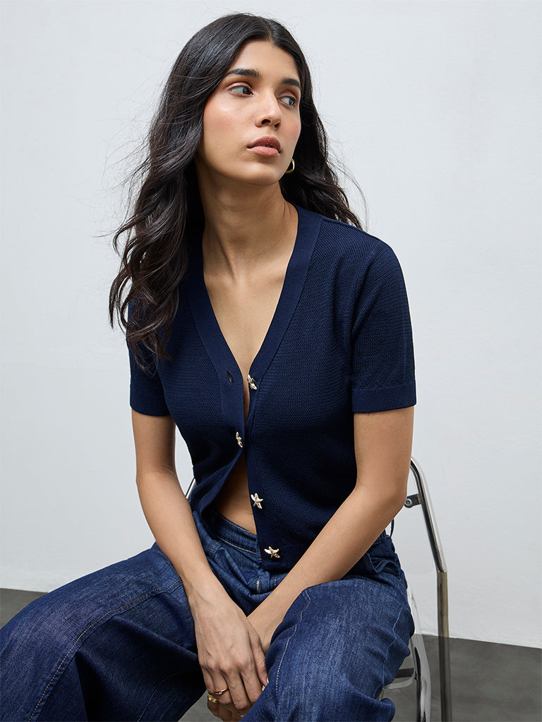 LOV Navy Popcorn Knit-Textured Cardigan