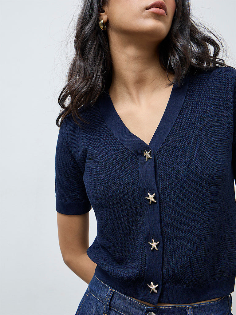 LOV Navy Popcorn Knit-Textured Cardigan