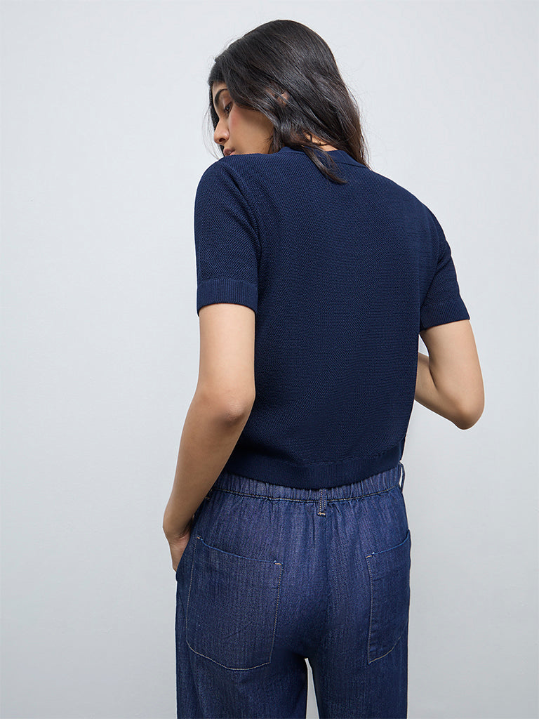 LOV Navy Popcorn Knit-Textured Cardigan