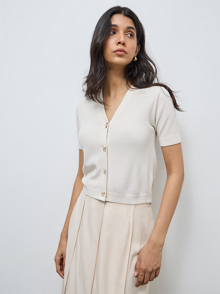LOV Cream Popcorn Knit-Textured Cardigan