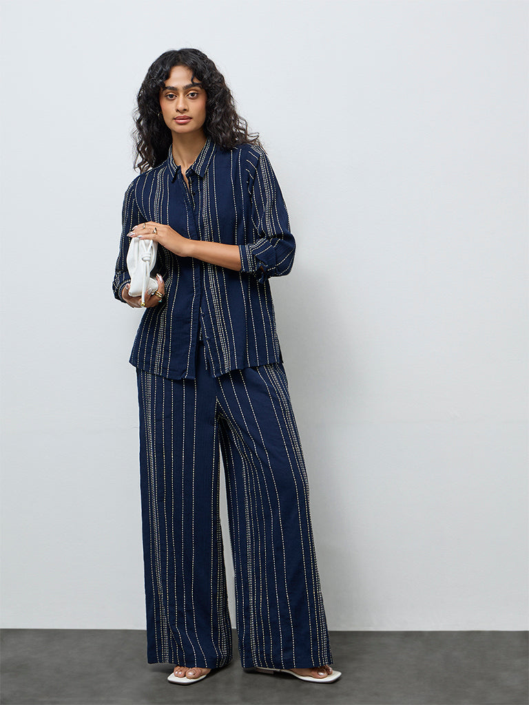 LOV Navy Striped Embroidered High-Rise Cotton Pants