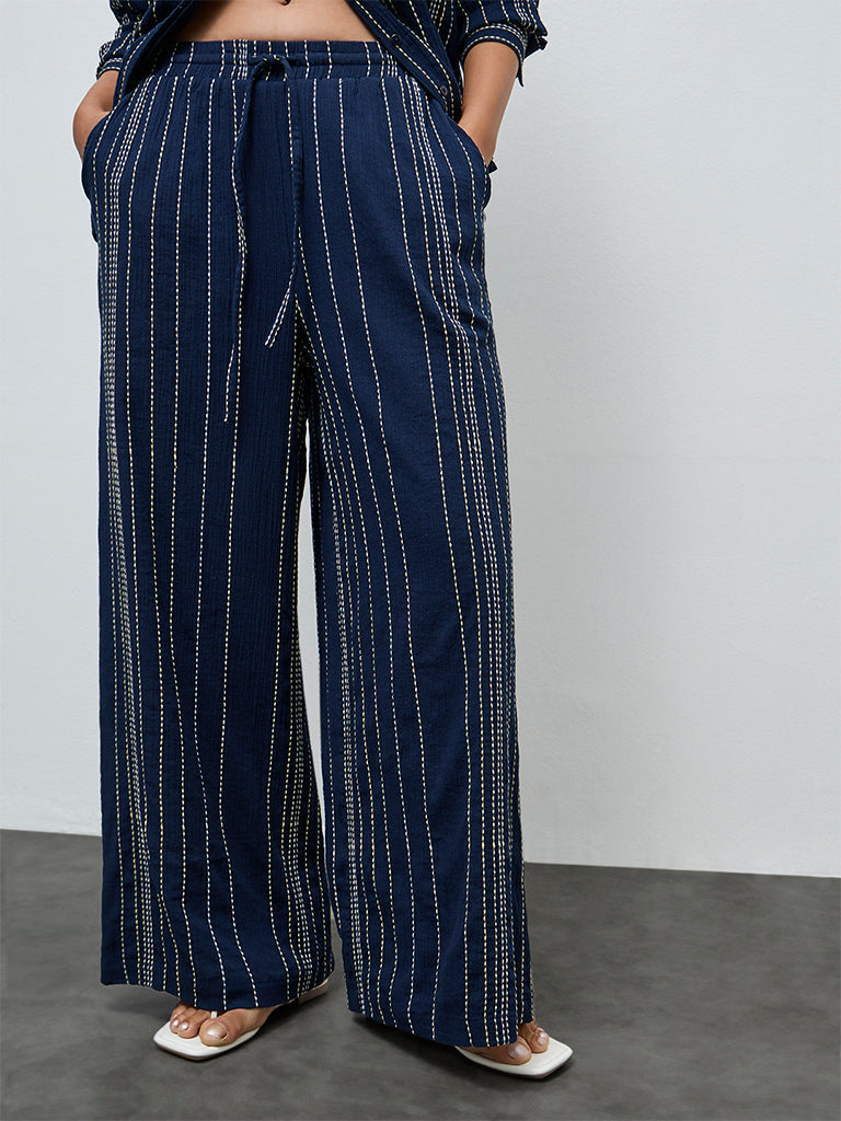 LOV Navy Striped Embroidered High-Rise Cotton Pants