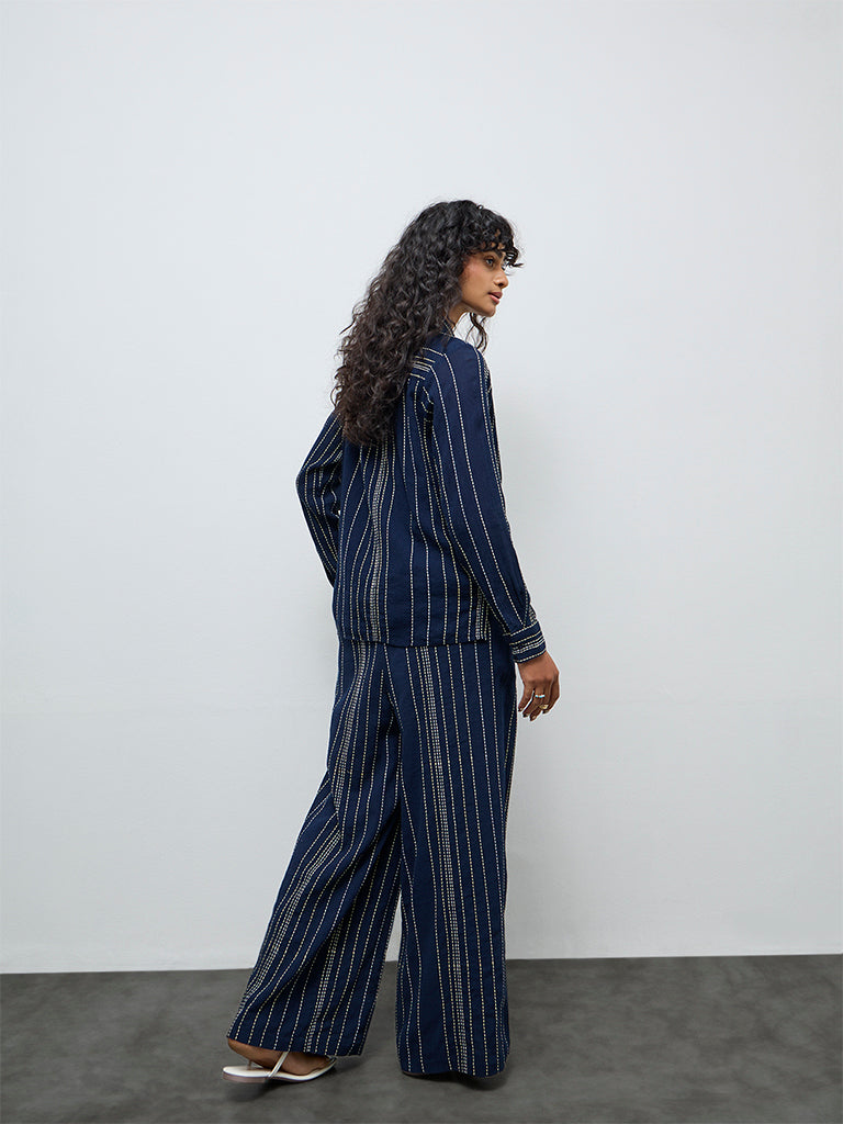 LOV Navy Striped Embroidered High-Rise Cotton Pants