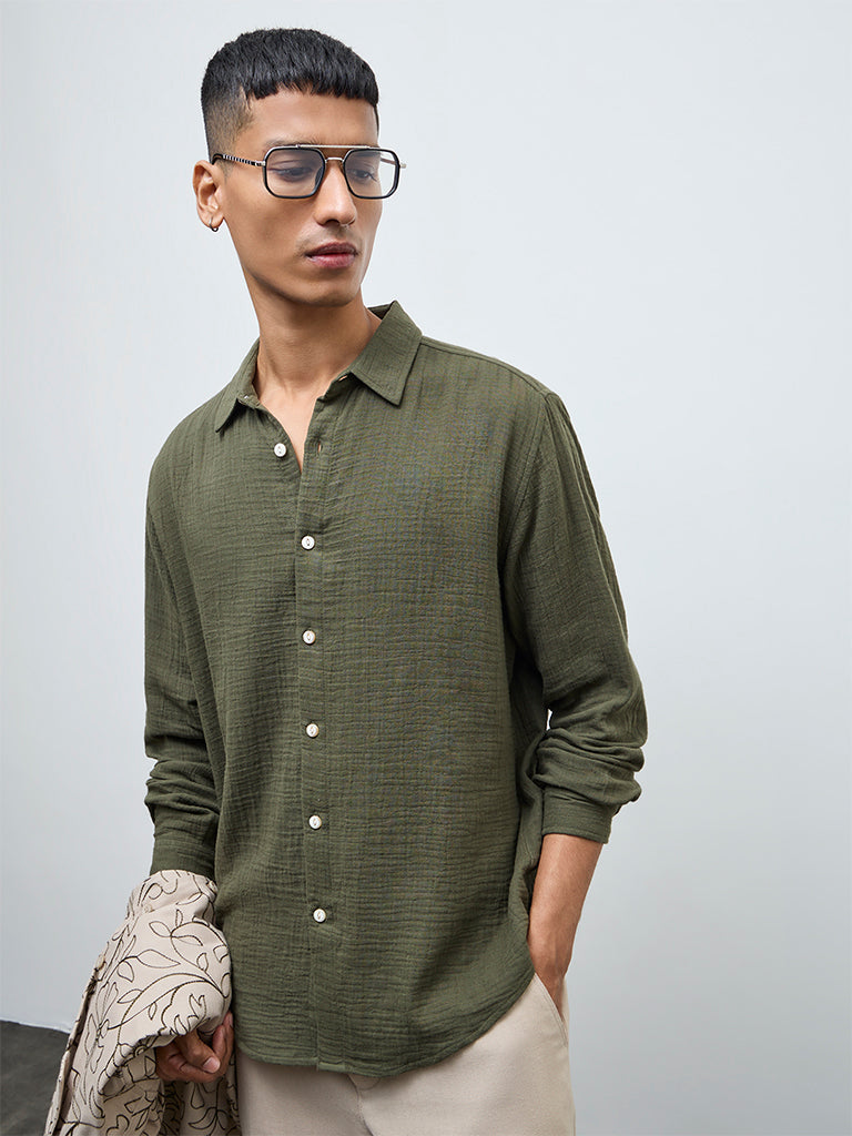 ETA Olive Crinkle-Textured Relaxed-Fit Cotton Shirt