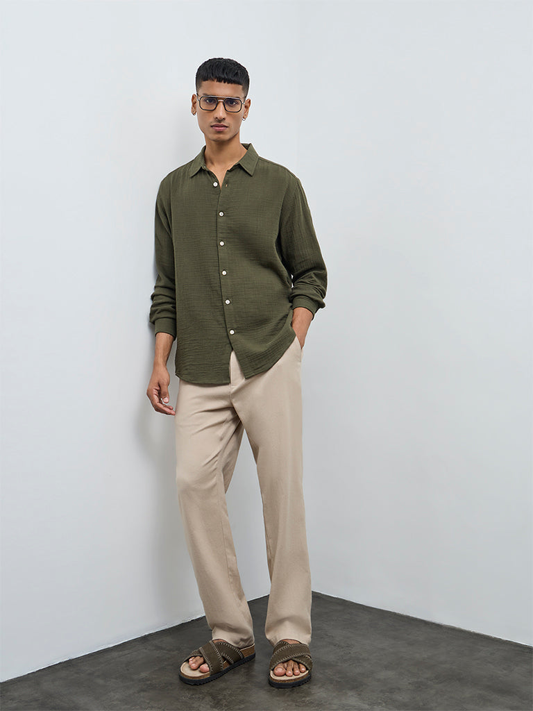 ETA Olive Crinkle-Textured Relaxed-Fit Cotton Shirt