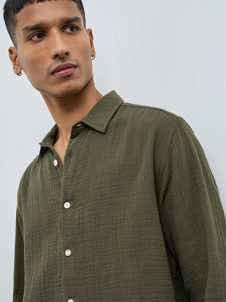 ETA Olive Crinkle-Textured Relaxed-Fit Cotton Shirt