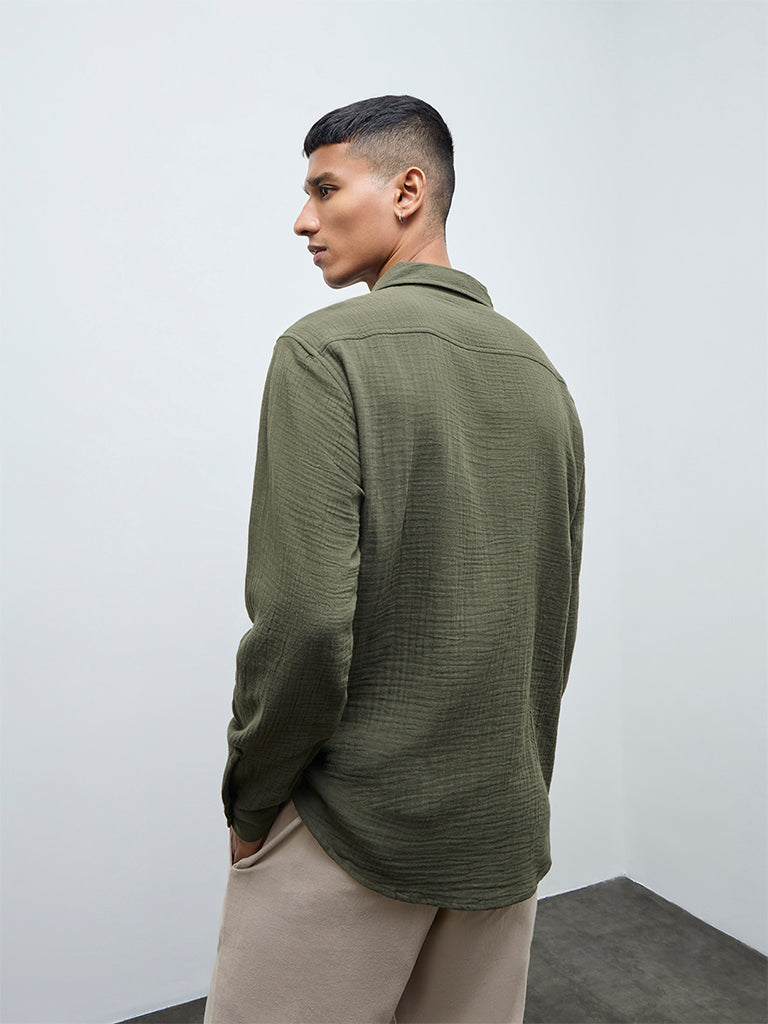 ETA Olive Crinkle-Textured Relaxed-Fit Cotton Shirt