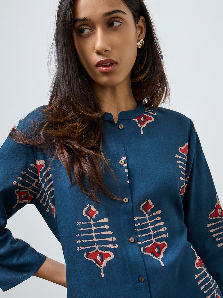Utsa Indigo Printed A-Line Kurta