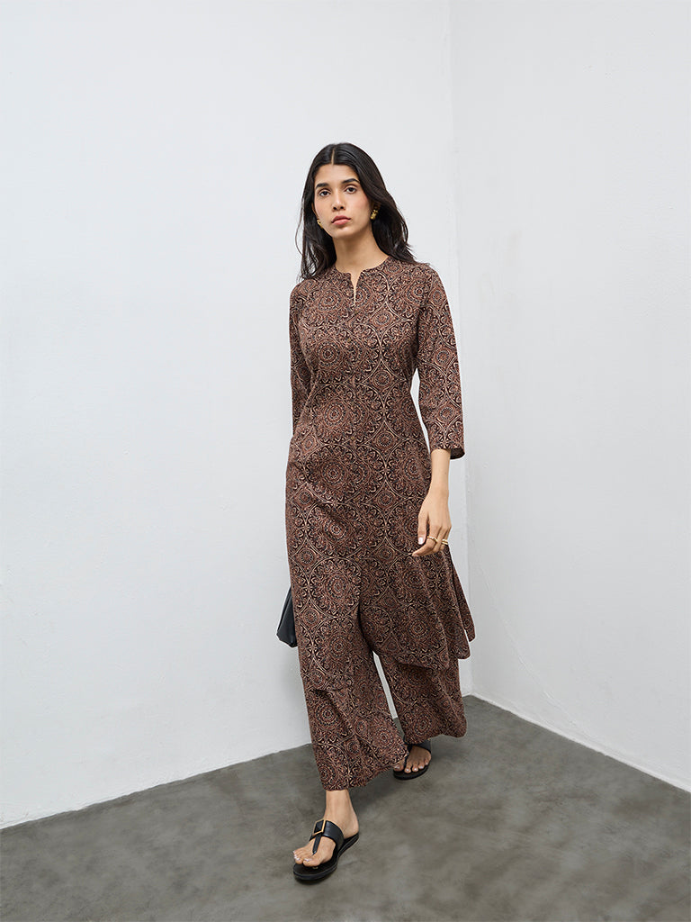 Utsa Dark Brown Printed A-Line Kurta