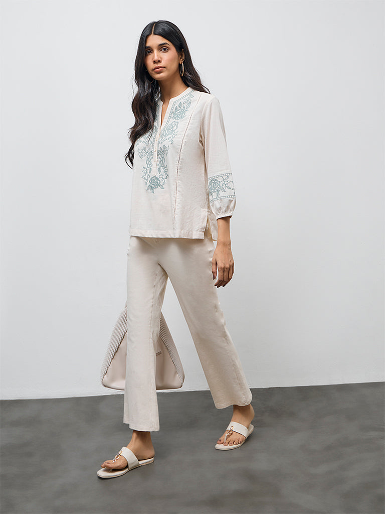 Utsa Off-White Floral Embroidered Cotton Tunic