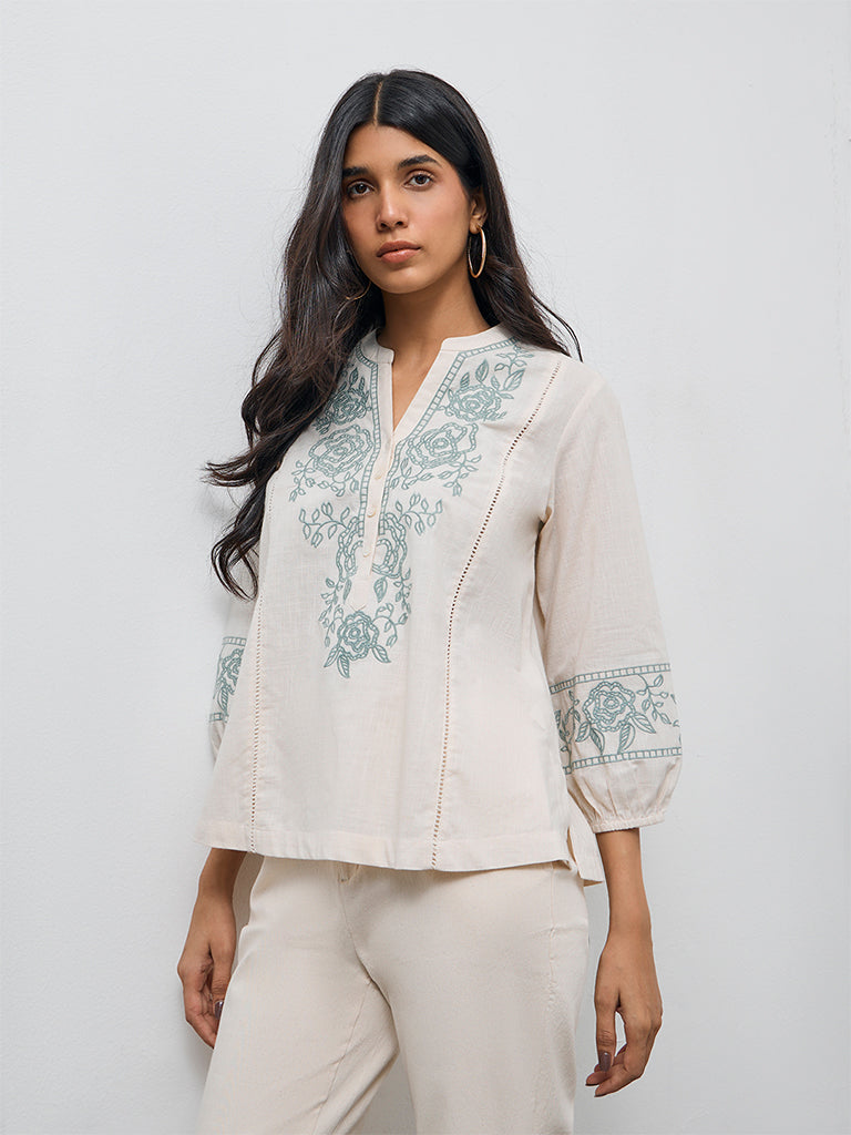 Utsa Off-White Floral Embroidered Cotton Tunic