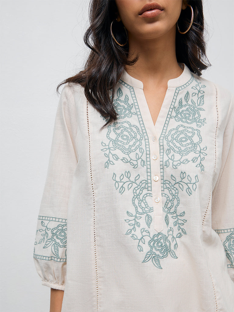 Utsa Off-White Floral Embroidered Cotton Tunic