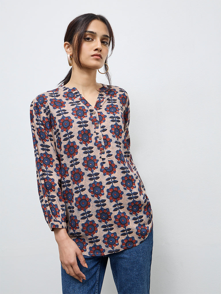 Utsa Taupe Foliage Design Tunic