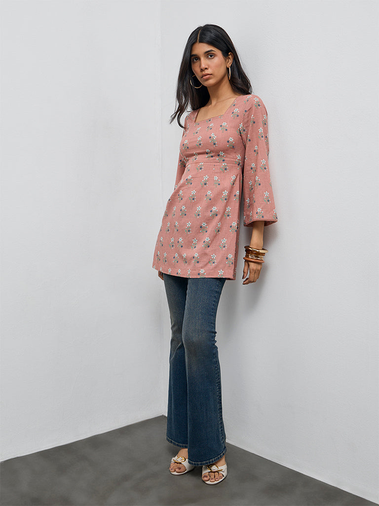Utsa Dusty Pink Floral Design Cotton Tunic