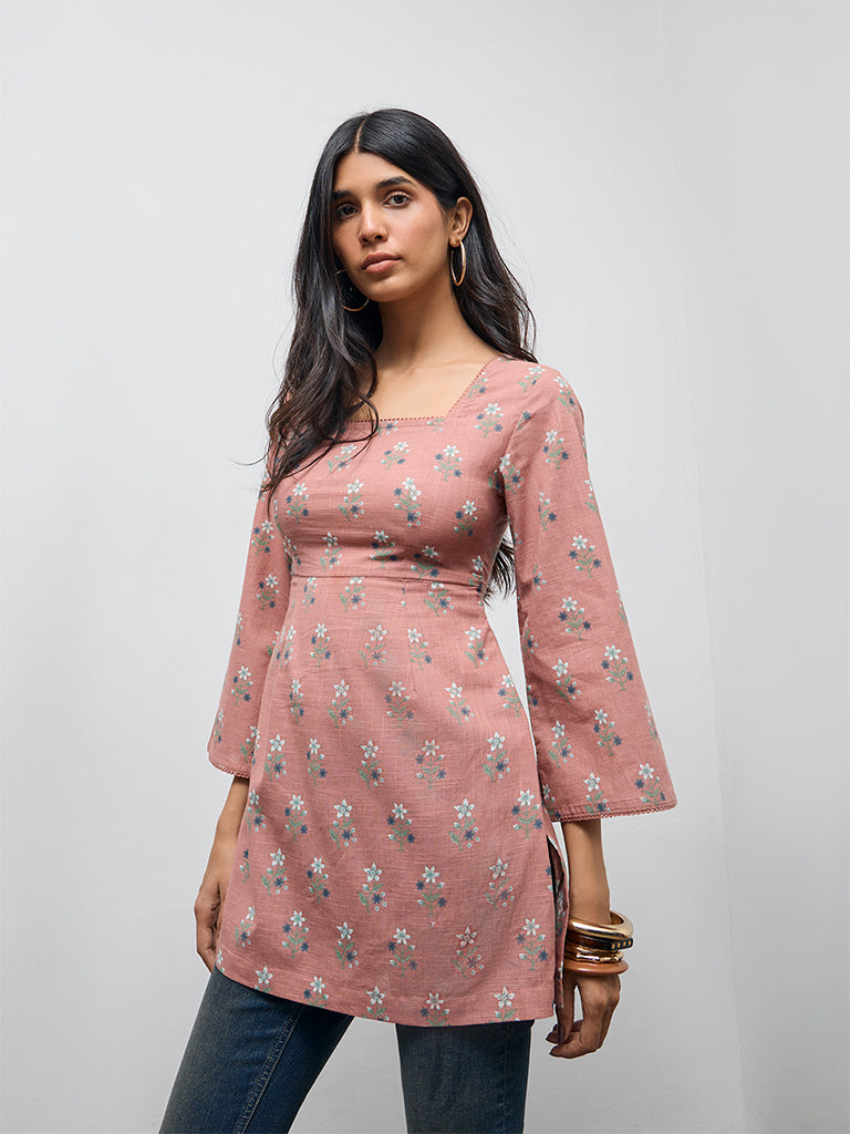 Utsa Dusty Pink Floral Design Cotton Tunic