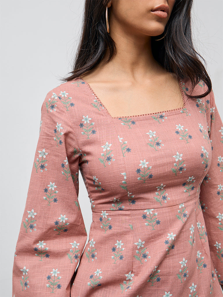 Utsa Dusty Pink Floral Design Cotton Tunic