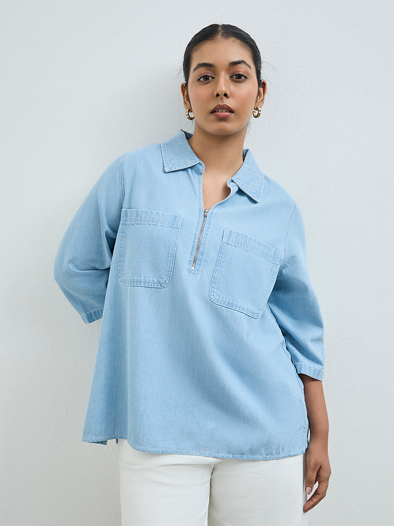 Gia Light Blue Cotton-Blend Top