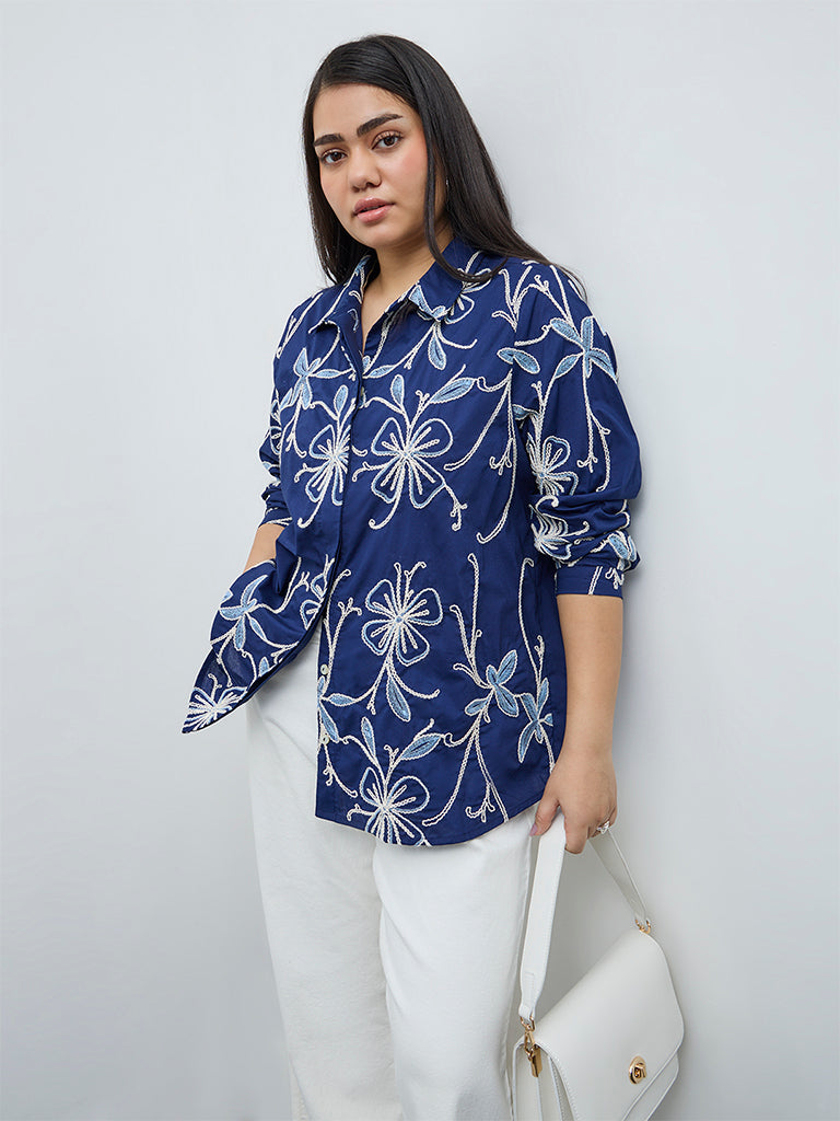 Gia Navy Floral Embroidered Cotton Shirt