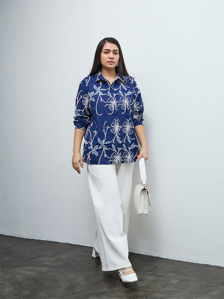 Gia Navy Floral Embroidered Cotton Shirt