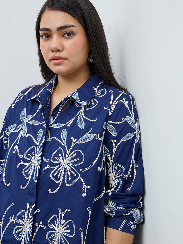 Gia Navy Floral Embroidered Cotton Shirt