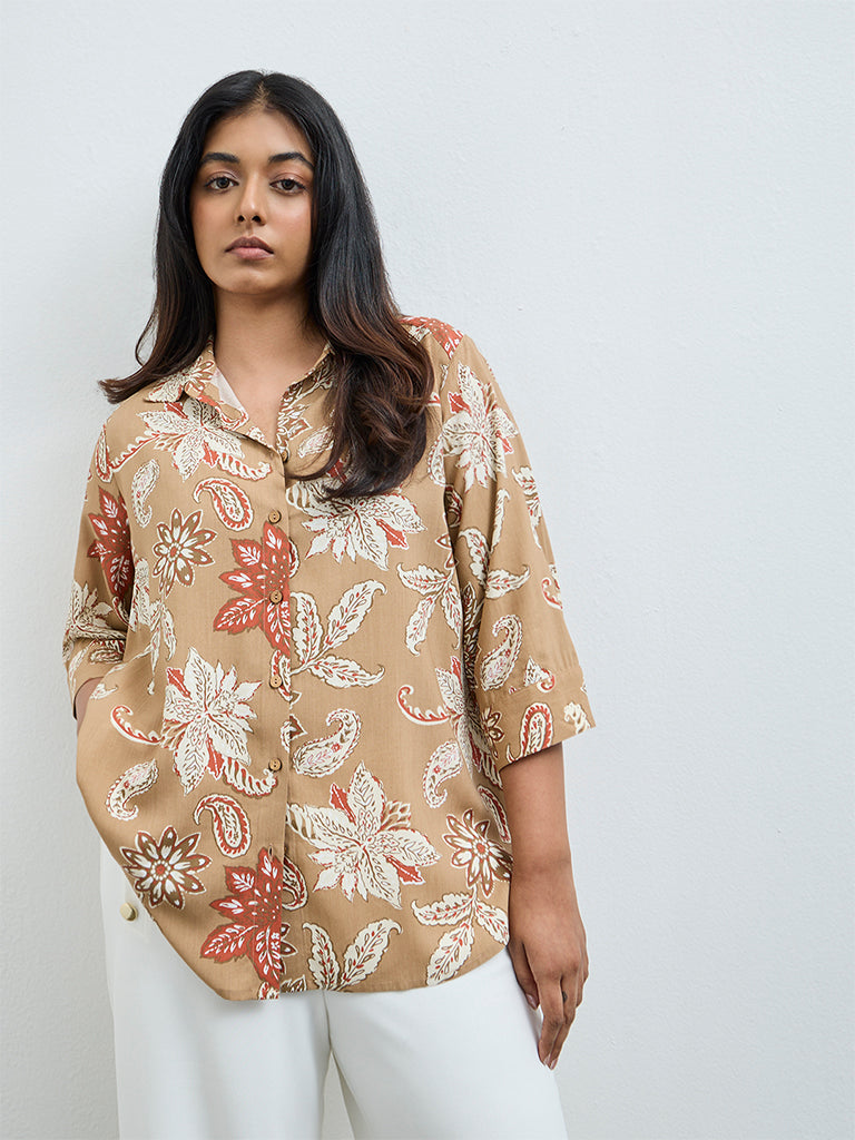 Gia Beige Foliage Printed Blouse