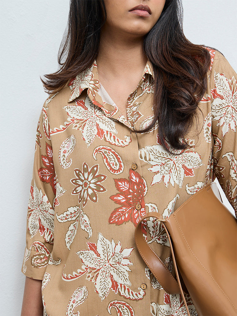 Gia Beige Foliage Printed Blouse