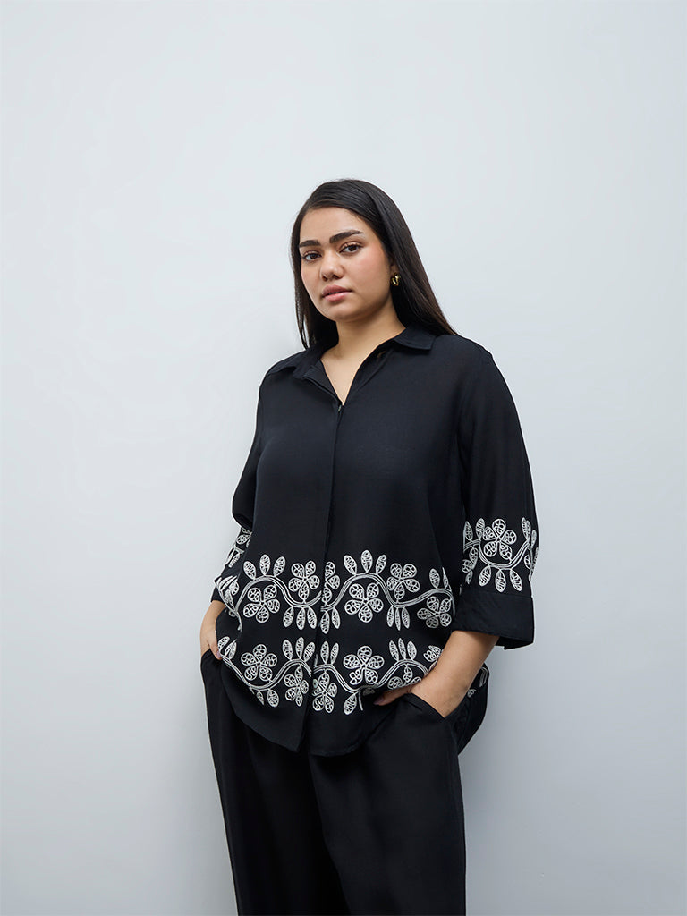 Gia Black Floral Embroidered Shirt