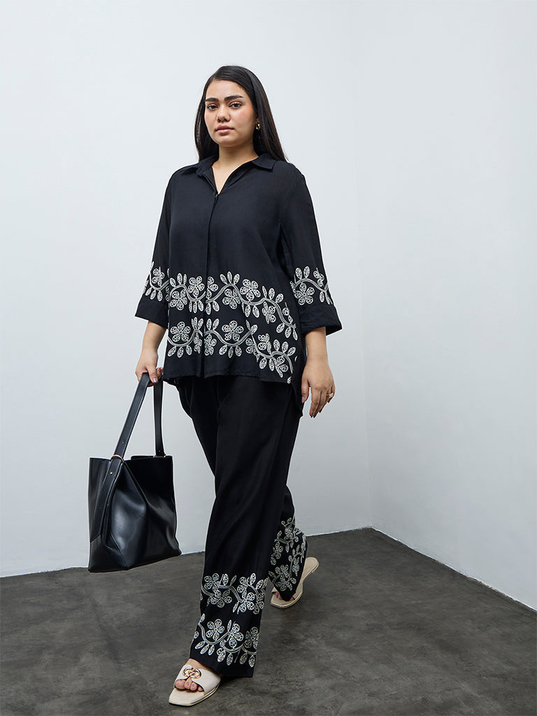 Gia Black Floral Embroidered Shirt