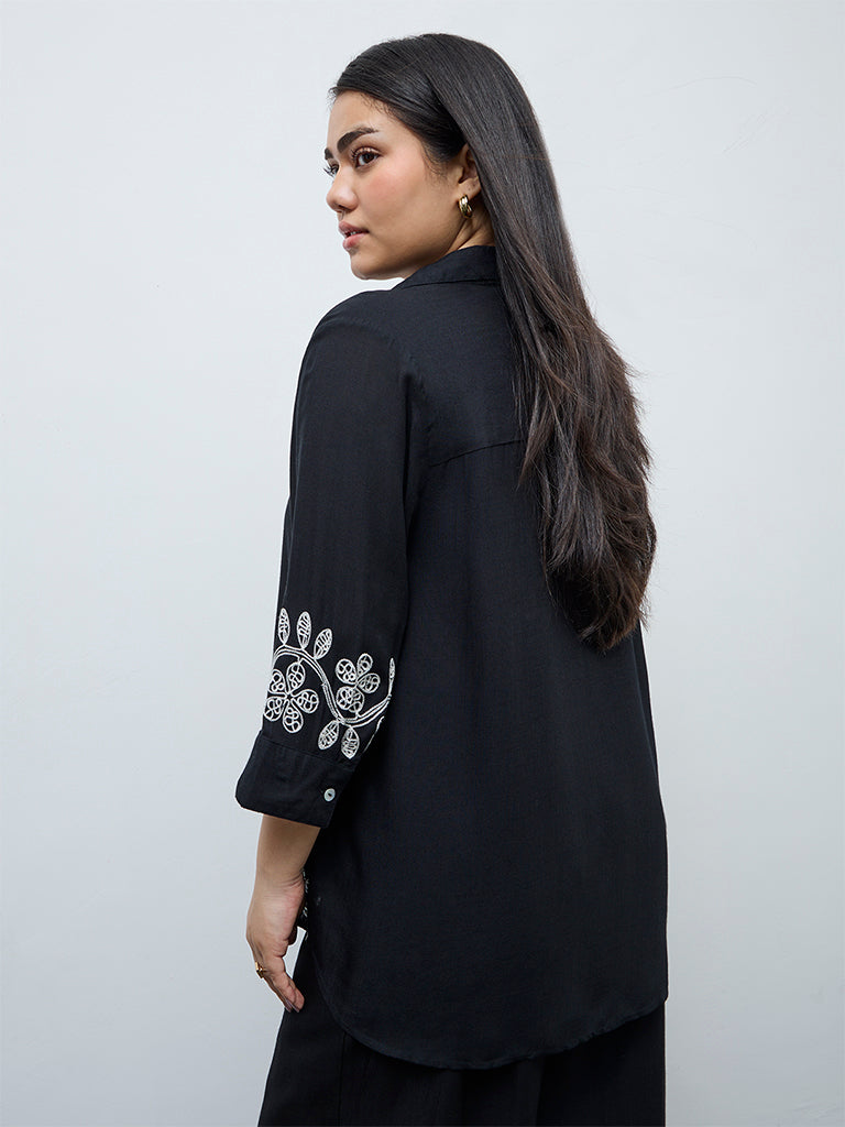 Gia Black Floral Embroidered Shirt