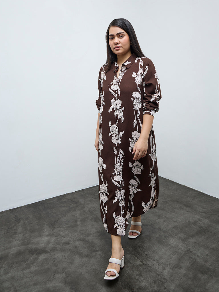 Gia Dark Brown Floral Shirt Dress