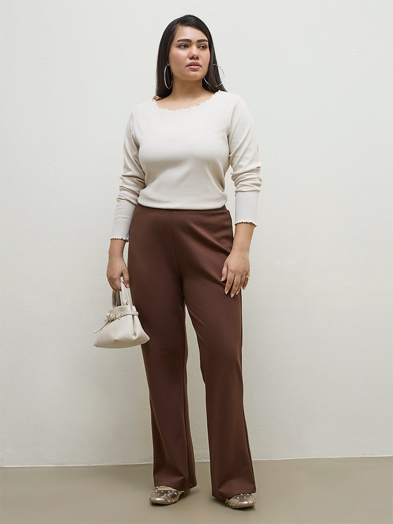 Gia Dark Brown Solid High-Rise Trousers