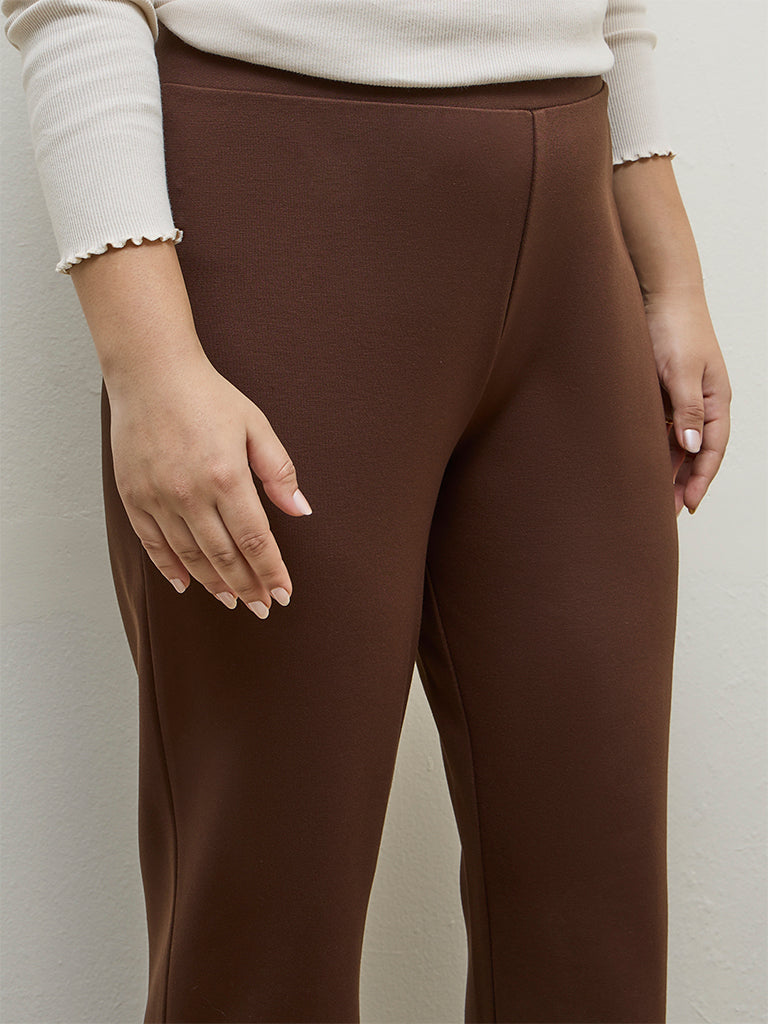 Gia Dark Brown Solid High-Rise Trousers