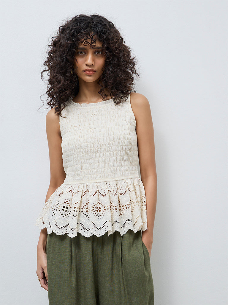 LOV Off-White Schiffli Detailed Peplum Cotton Top