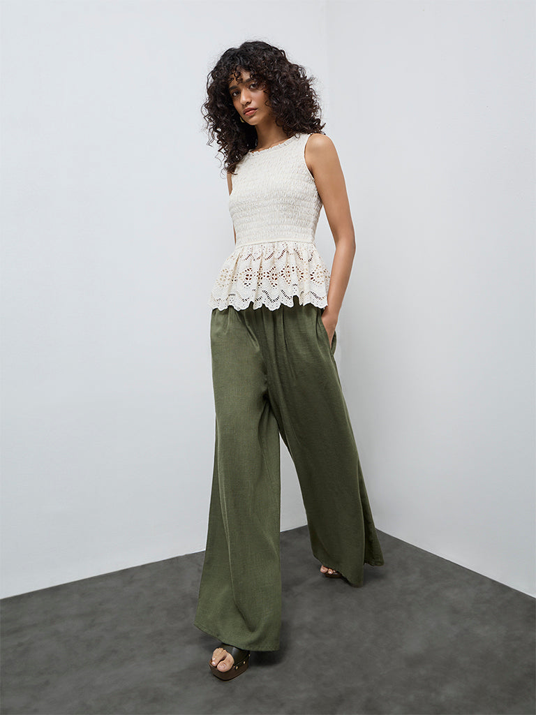 LOV Off-White Schiffli Detailed Peplum Cotton Top