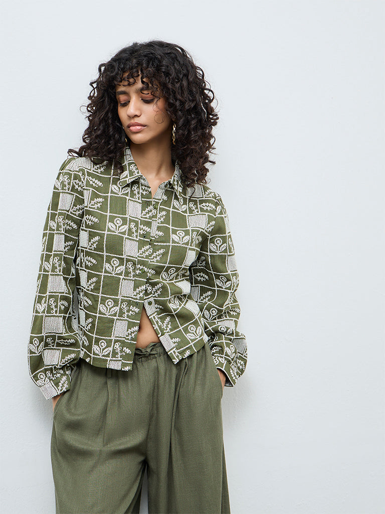 LOV Olive Embroidered Cotton Shirt
